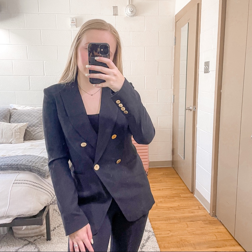 Veronica Beard Double-Breasted Navy Blazer with Gold Buttons